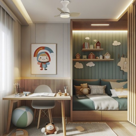 Ventilateur de plafond LED Fonfu Blanc+Bois CCT Dim (20W)
