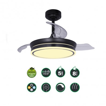 Ventilateur LED pales pliantes Perla Mini Noir CCT Dim (46W)