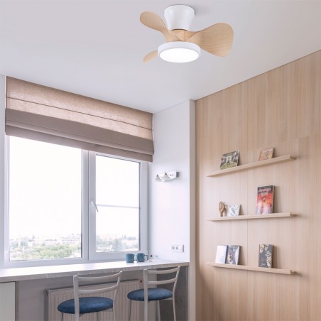 Ventilateur de plafond LED Merial Blanc+Bois CCT Dim (20W)