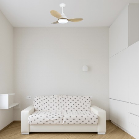 Ventilateur de plafond LED Cavil Mini Blanc+Bois CCT Dim (20W)