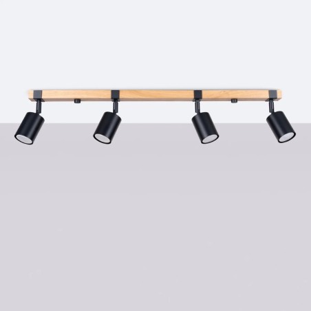 Plafonnier Domovi 4 lumières, noir et bois naturel