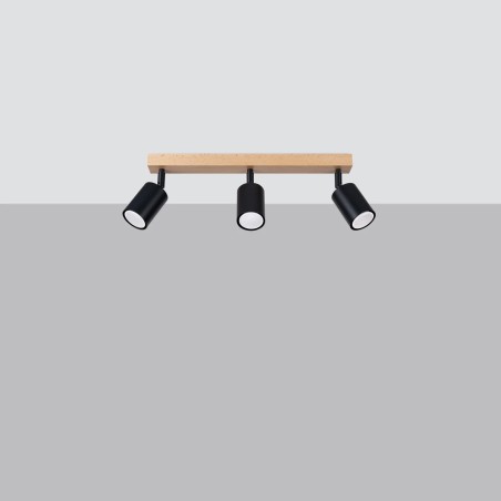 Spot mural Elluae, noir et bois naturel, 3 lumières