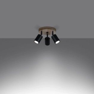 Plafonnier Elluae, noir et bois naturel, 3 lumières