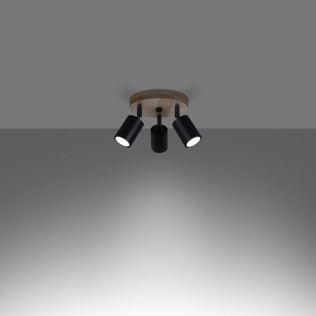 Plafonnier Elluae, noir et bois naturel, 3 lumières