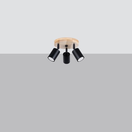 Plafonnier Elluae, noir et bois naturel, 3 lumières