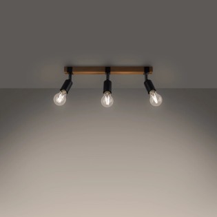 Applique murale Nora 3 lumières, noir et bois naturel