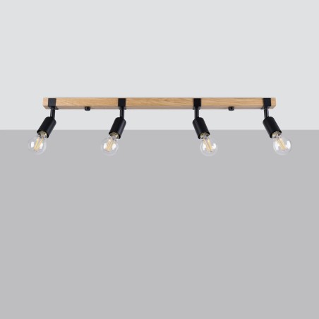Applique murale Nora 4 lumières, noir et bois naturel
