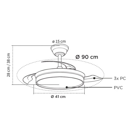 Ventilateur LED à pales rétractables Milky Mini Eco CCT Dim (39W)