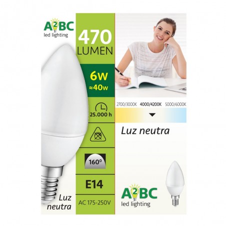 Pack 10 x Bombilla A2BC LED C30 E14 6W - 4000ºK