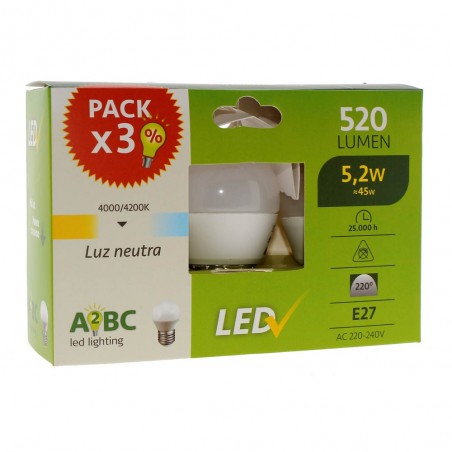Pack 3 Bombillas LED esférica E27 5.2W (Luz neutra)
