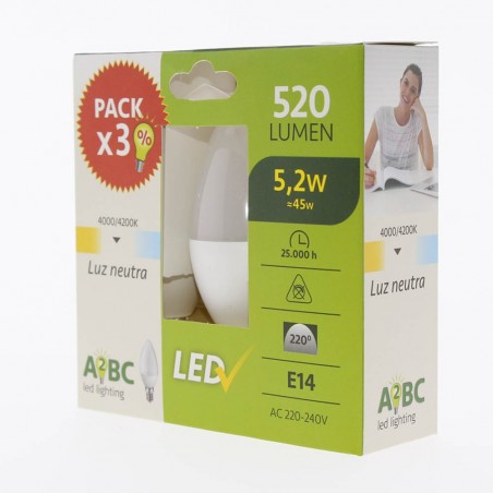 Pack 3 Bombillas LED E14 vela 5.2W (Luz neutra)