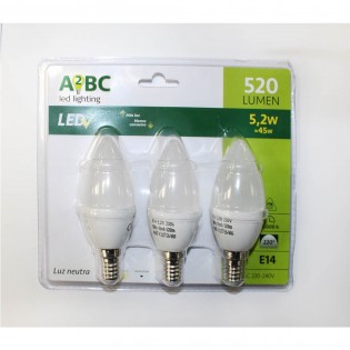 Pack 3 Bombillas LED E14 vela 5.2W (Luz neutra)