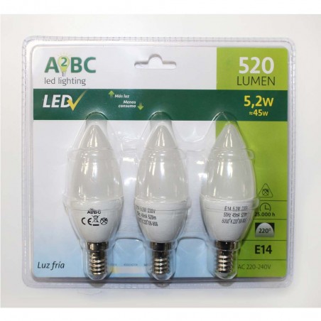 Pack 3 Bombillas LED E14 vela 5.2W (Luz fría)
