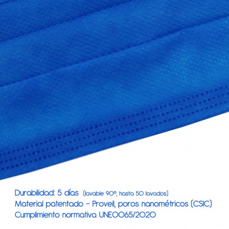 Mascarilla higiénica reutilizable (Caja 60 unidades). Lavable. Durabilidad: 5 días.