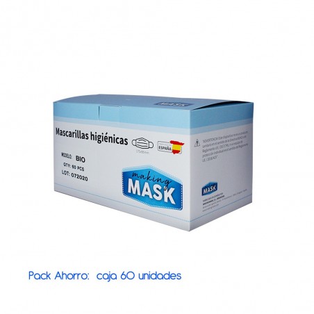 Mascarilla higiénica reutilizable (Caja 60 unidades). Lavable. Durabilidad: 5 días.
