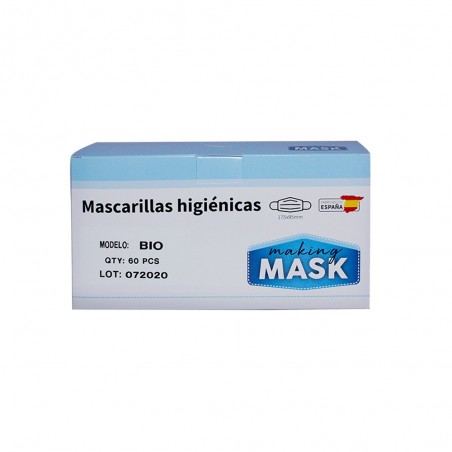 Mascarilla higiénica reutilizable (Caja 60 unidades). Lavable. Durabilidad: 5 días.