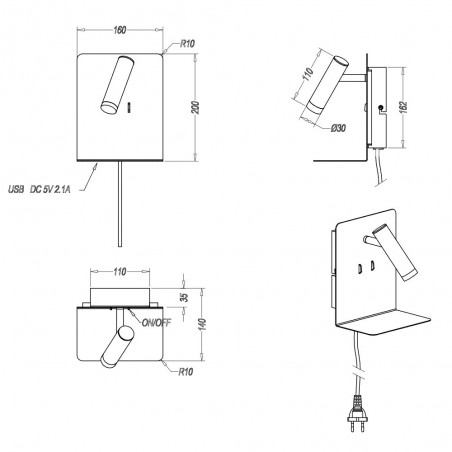 Applique á LED avec étagère et USB Element (3W)